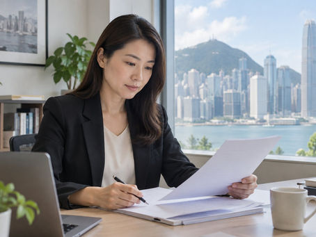 An adult professional reviewing plain unbranded document pages in a Hong Kong office
