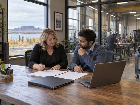A manufacturing business owner and accountant reviewing records beside a Thunder Bay workshop.