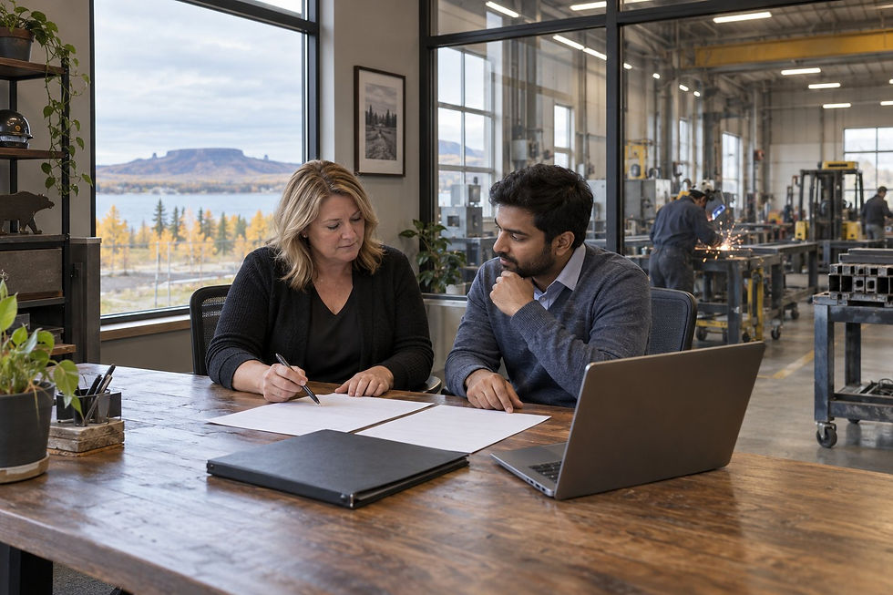 A manufacturing business owner and accountant reviewing records beside a Thunder Bay workshop.