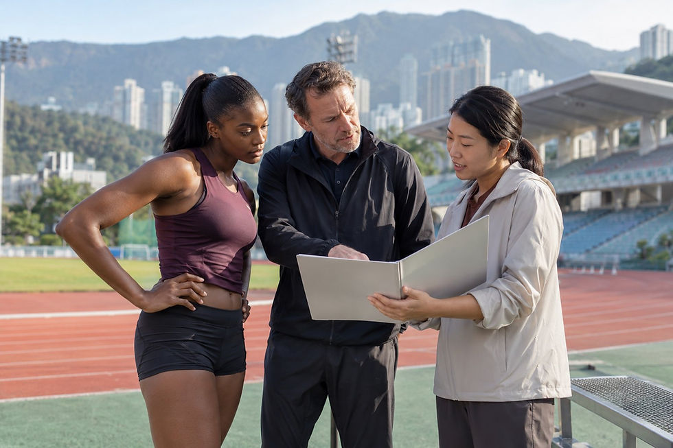 An overseas athlete and coach reviewing an event folder with a Hong Kong coordinator beside an athletics track.