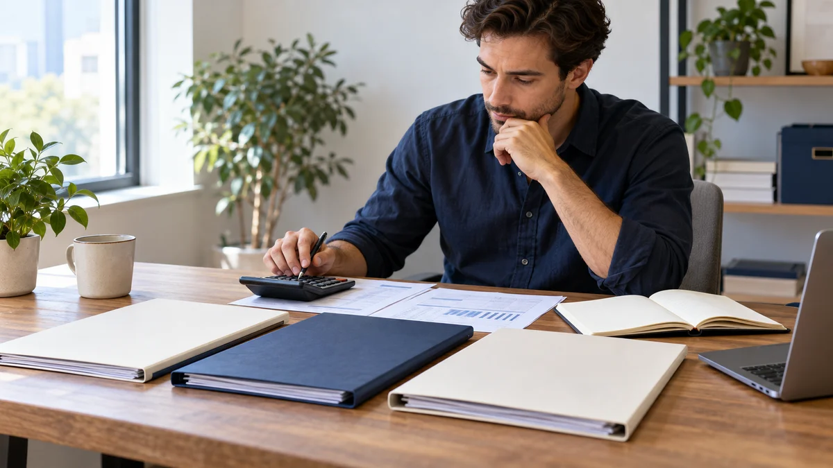 An adult finance colleague checks plain folders with a calculator at a naturally lit desk; AI illustration.
