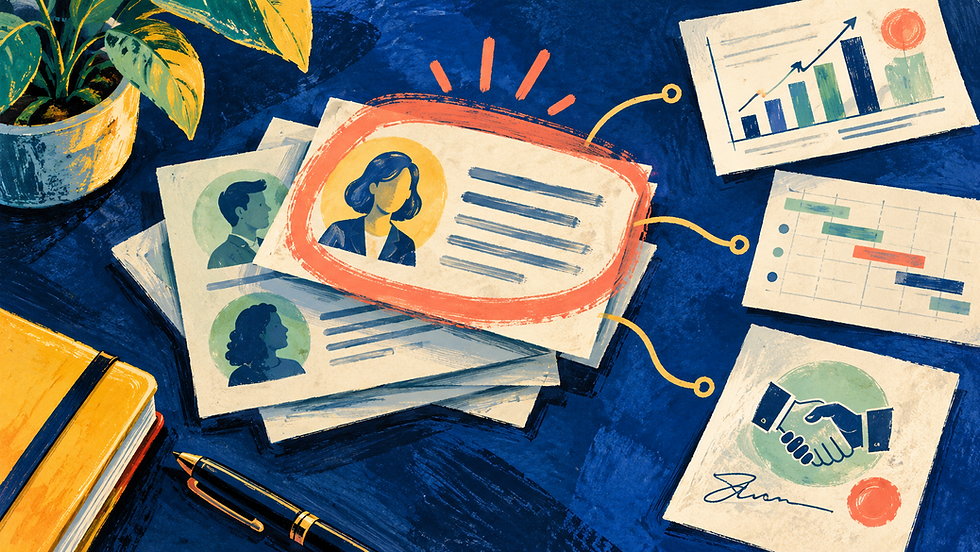 Gouache editorial illustration of recommendation cards connected to project records and a chart, showing how witness statements relate to supporting evidence.