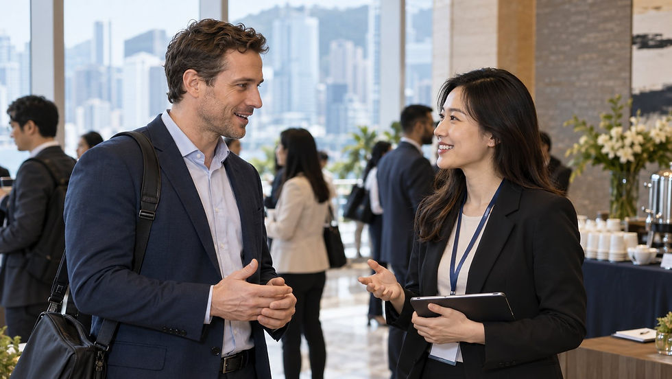 An overseas professional speaking with an event host in the lobby of a modest international conference with no readable signs in Hong Kong
