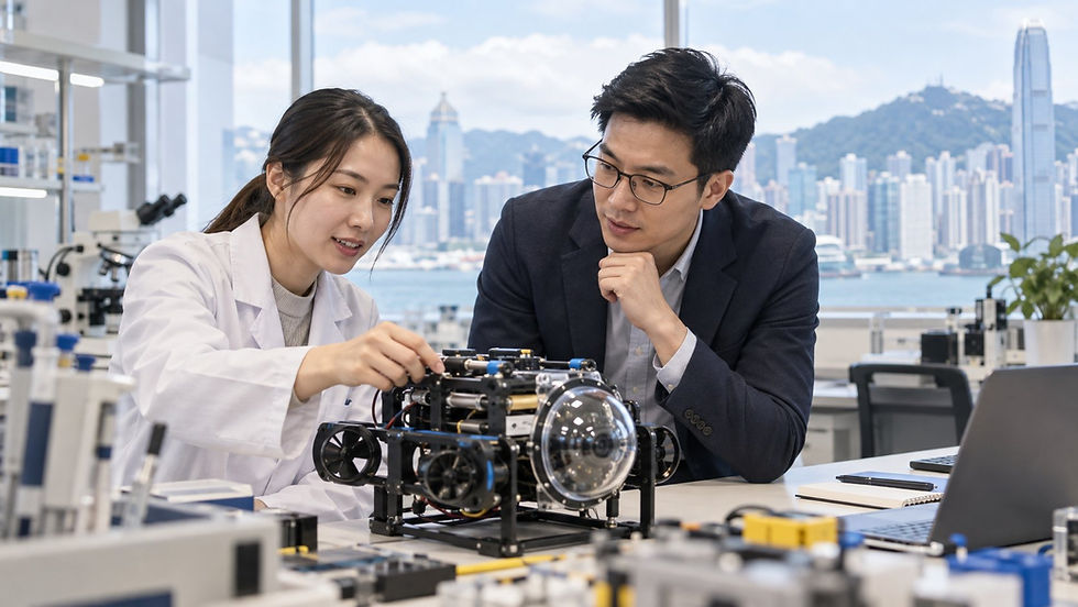 A researcher and an industry colleague examining a practical scientific prototype in a bright university laboratory in Hong Kong