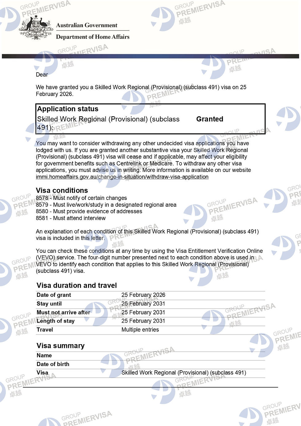 PremierVisa Group | Subclass 491 Regional Skilled Visa Granted | 25 February 2026 | PV-AU-0117