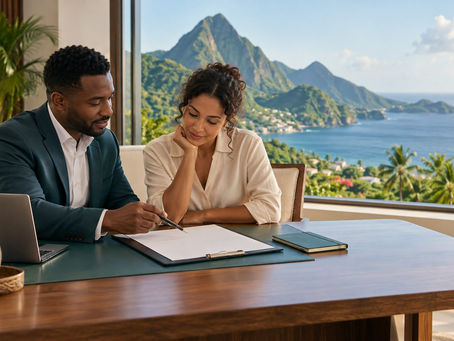 Applicant and adviser reviewing a budget worksheet beside a window overlooking a tropical landscape