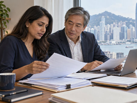 A mature professional organising several years of employment records at a quiet home desk near a city window in Hong Kong