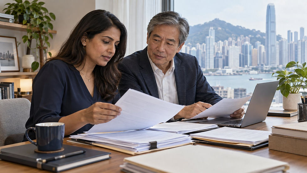 A mature professional organising several years of employment records at a quiet home desk near a city window in Hong Kong