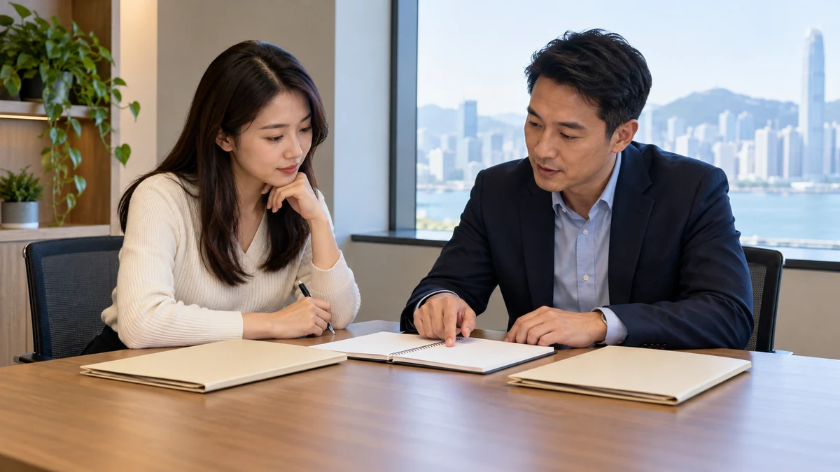 Two adults compare blank documents and two plain folders at a meeting table; AI illustration, not a real transfer assessment.