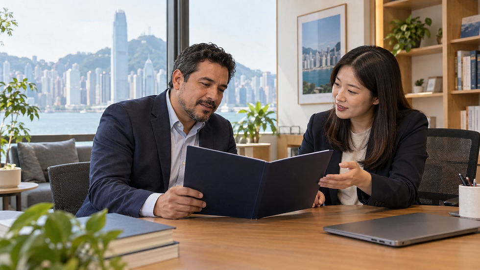 An international graduate discussing an unmarked qualification folder with a university careers adviser in a quiet campus office in Hong Kong