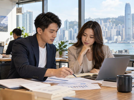 A professional developing a small local business with a colleague in a Hong Kong shared workspace