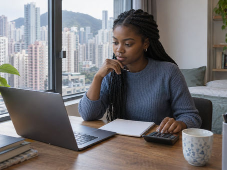 A graduate checking budget notes and a calculator beside a laptop in a Hong Kong apartment