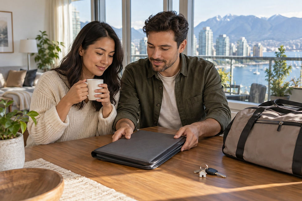 A couple organising a travel folder and household keys in a Vancouver apartment