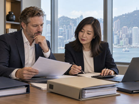 An investor and a financial professional reviewing several separate unmarked asset folders with a calculator in a calm office in Hong Kong