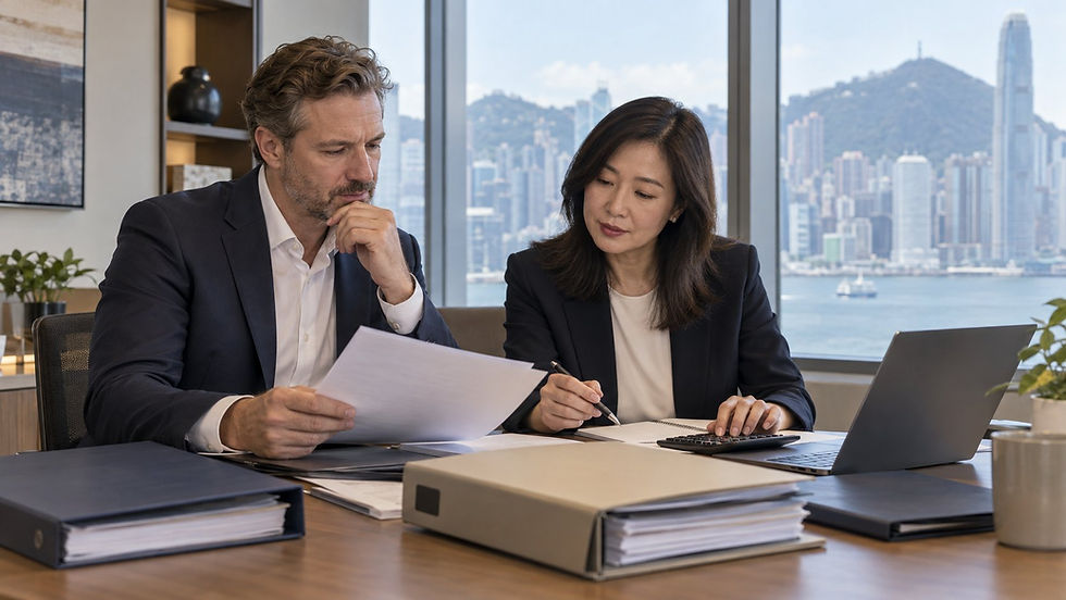 An investor and a financial professional reviewing several separate unmarked asset folders with a calculator in a calm office in Hong Kong