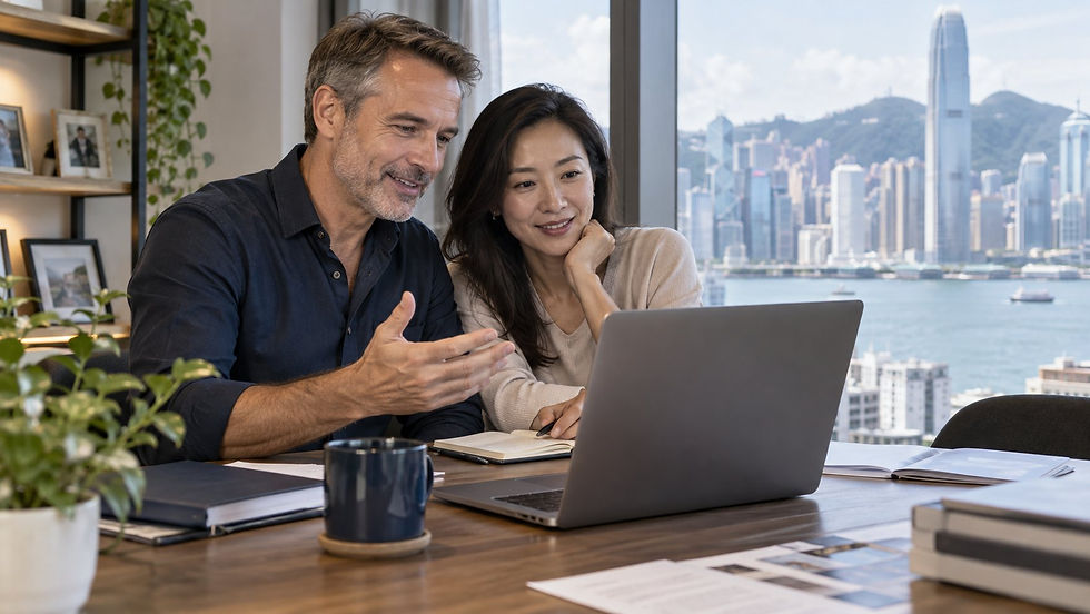 An international professional having a video consultation at a home desk with the laptop display turned away from the camera in Hong Kong