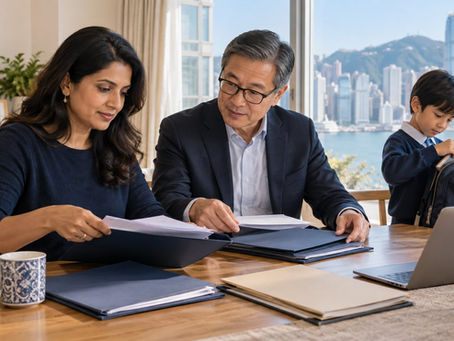 An international family arranging separate unmarked document folders at a sunny home dining table while a school age child packs a school bag nearby in Hong Kong