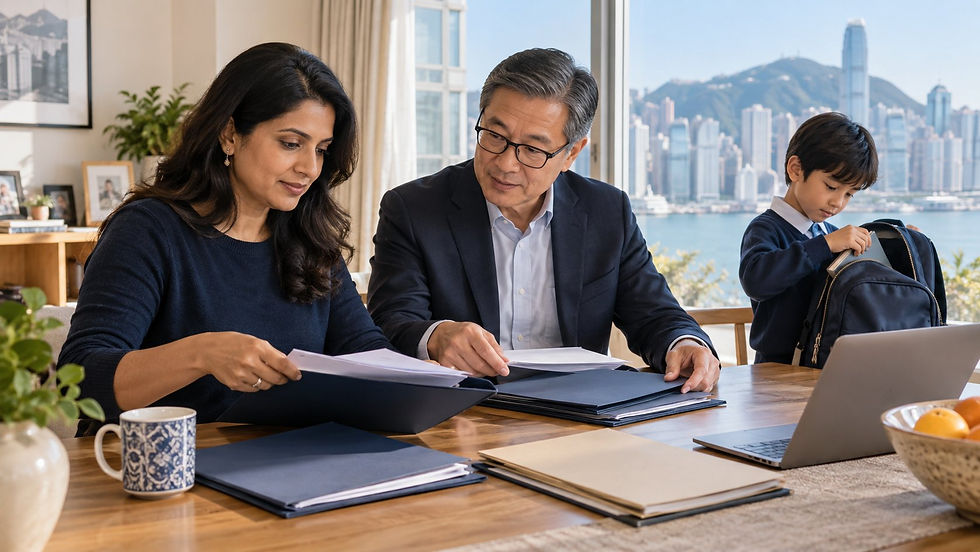 An international family arranging separate unmarked document folders at a sunny home dining table while a school age child packs a school bag nearby in Hong Kong