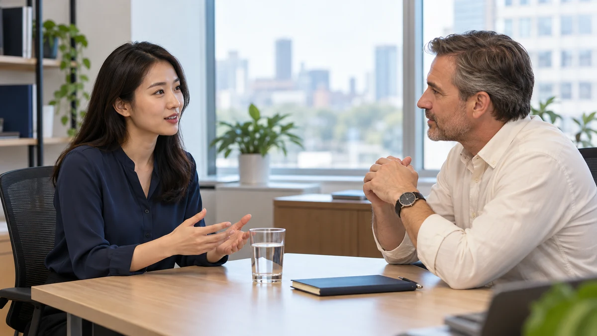 A candidate in a navy blouse discusses a role with a hiring manager across a modest office desk; AI illustration.