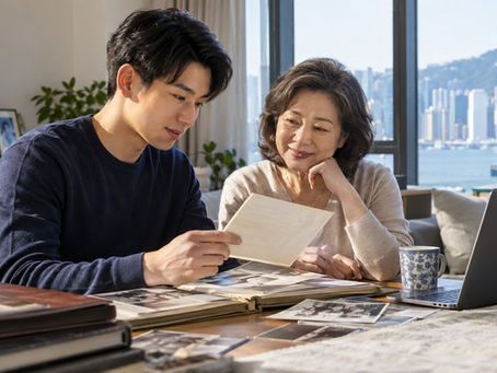 A young adult with an older parent discussing family history documents at a sunny home table