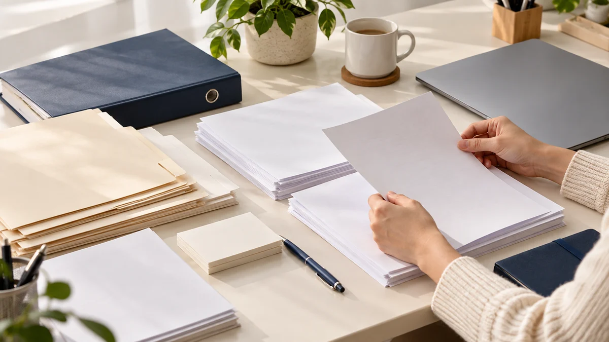 Hands sort anonymous papers beside cream folders, a navy binder and a closed laptop in daylight; AI illustration.