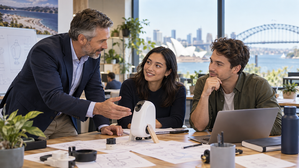An angel investor mentoring two young startup founders beside an early product prototype in an Australian innovation studio