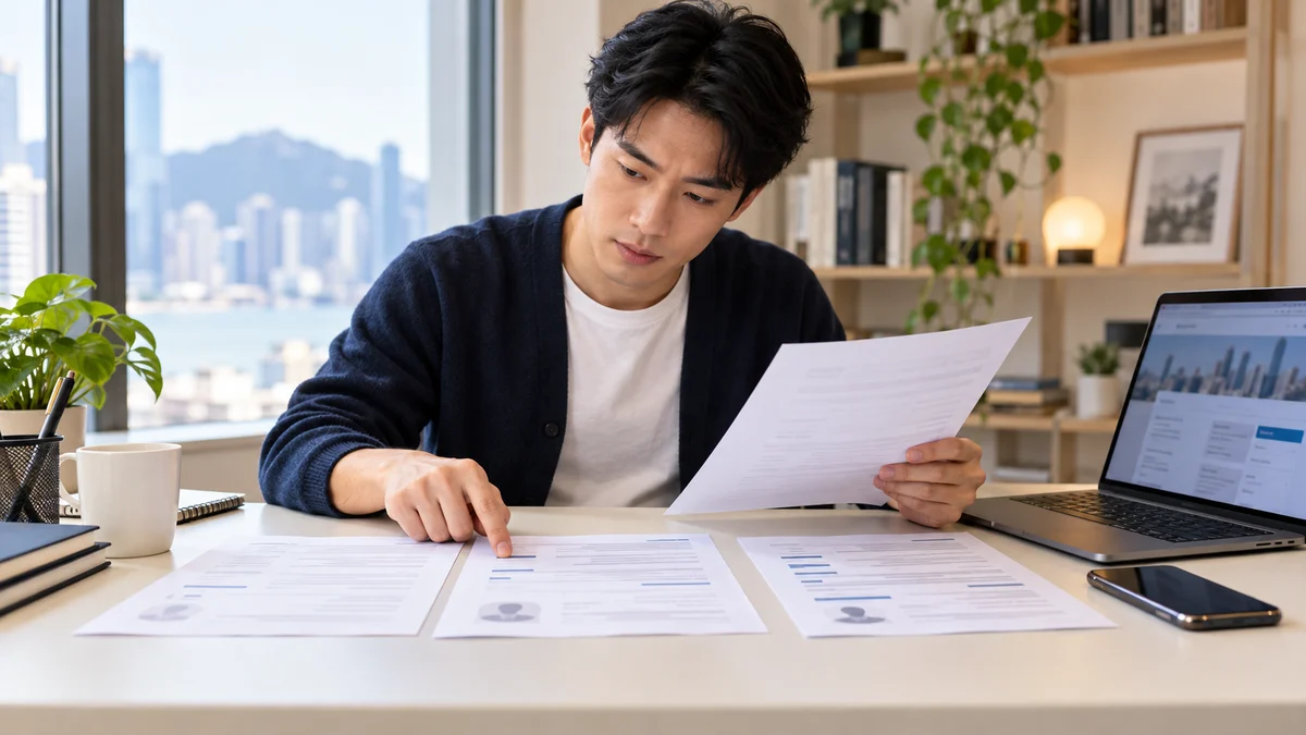 An applicant compares anonymous recruitment papers beside a laptop and phone at a sunlit desk; AI illustration.
