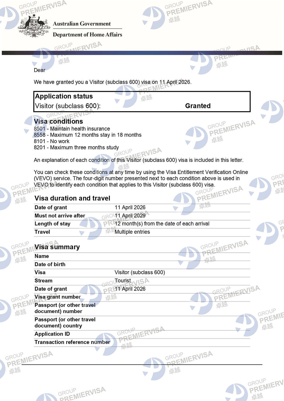 PremierVisa Group | Subclass 600 Visitor Visa Granted | 11 April 2026 | PV-AU-0066
