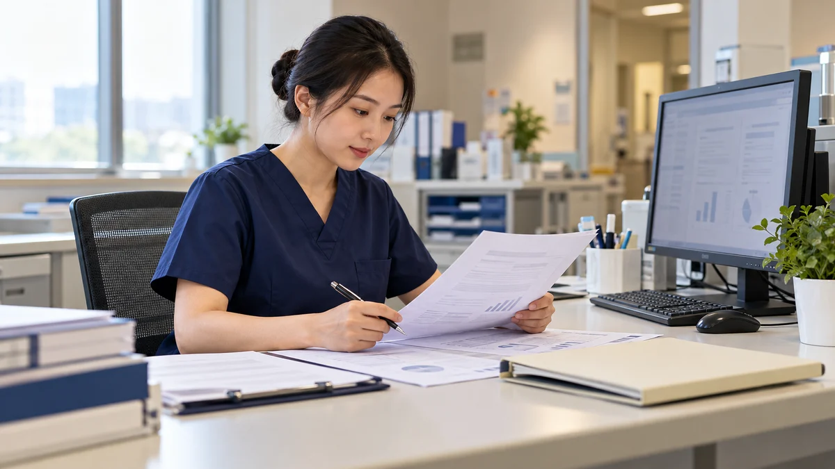 A nurse in navy scrubs reviews abstract credential papers at a bright workstation; AI illustration, no patients.