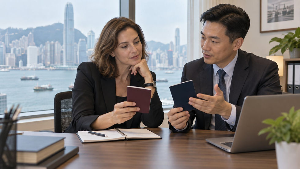 An international professional and adviser comparing plain travel-document booklets in a Hong Kong office