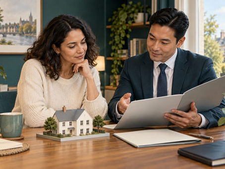 An applicant reviewing a house sale folder and abstract property model with an adviser
