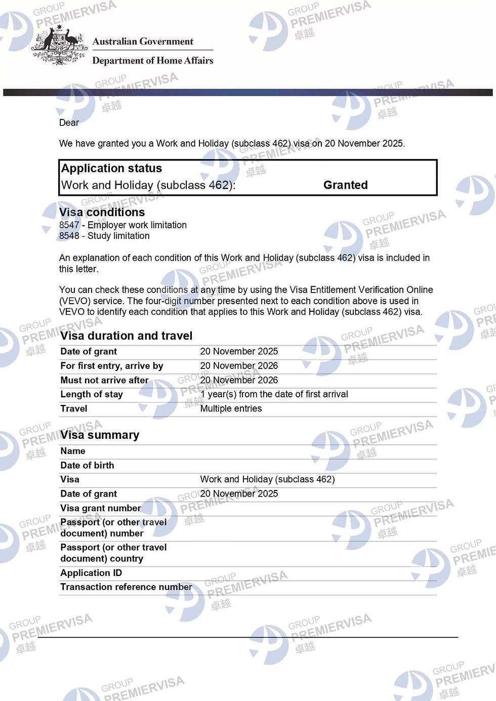 PremierVisa Group | Subclass 462 Work and Holiday Visa Granted | 20 November 2025 | PV-AU-0199
