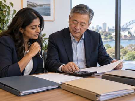 An investor and a financial professional reviewing several separate unmarked asset folders with a calculator in a calm office in Australia