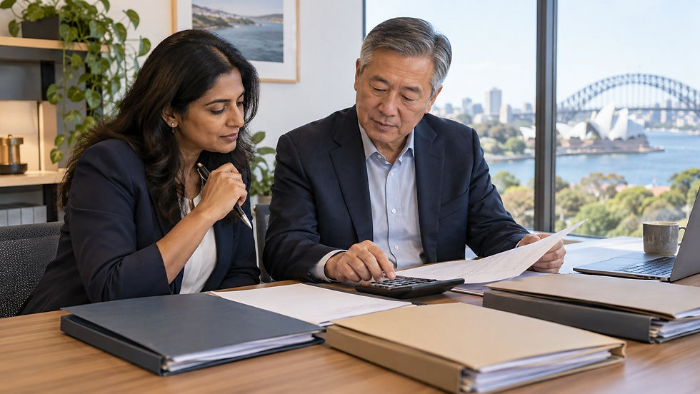 An investor and a financial professional reviewing several separate unmarked asset folders with a calculator in a calm office in Australia