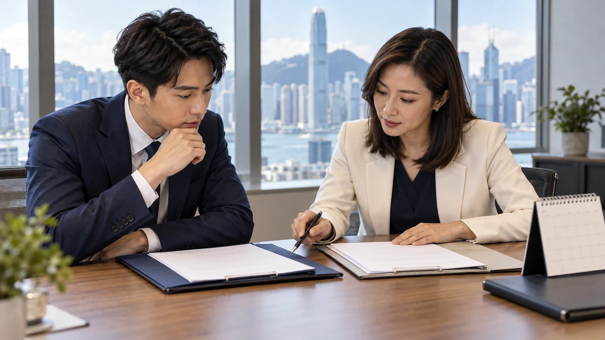 Two people compare folders and a calendar across adjacent sides of a table in a Hong Kong meeting room; AI illustration.