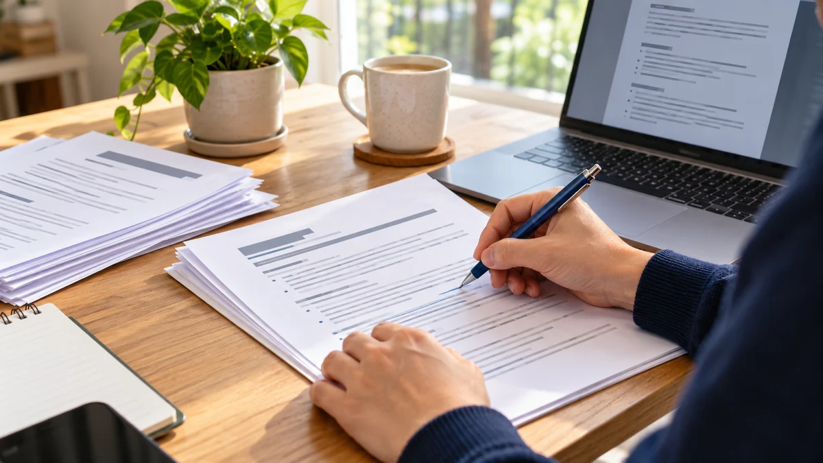 A job applicant marking resume drafts with a blue pen beside a laptop, plant and mug; AI illustration.