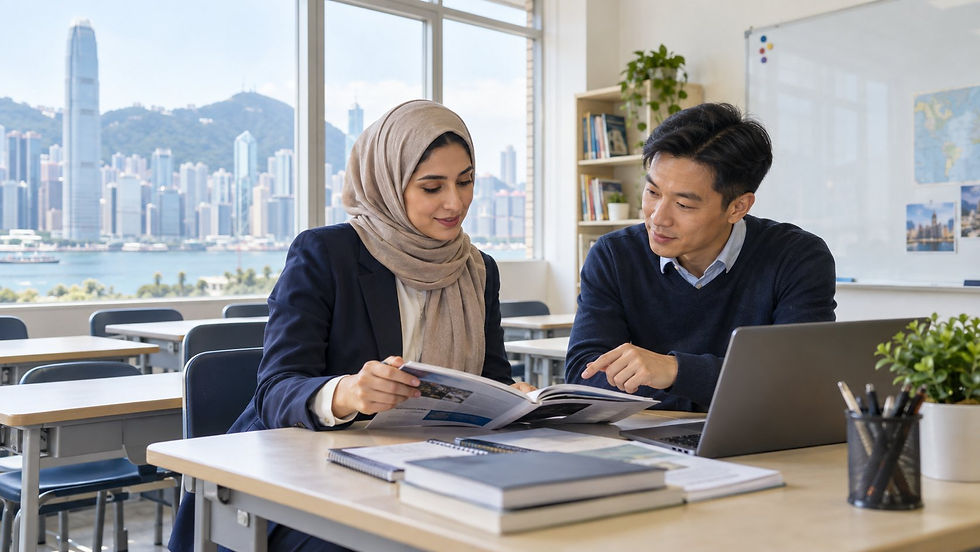 An international teacher or trainer reviewing teaching materials with an employer in a bright empty classroom in Hong Kong