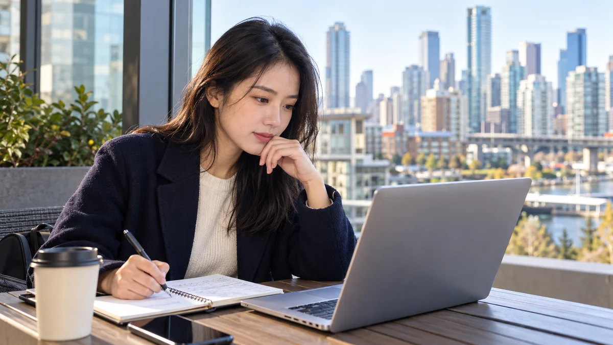 A woman compares notebook notes and a laptop beside a city window; fictional AI illustration.