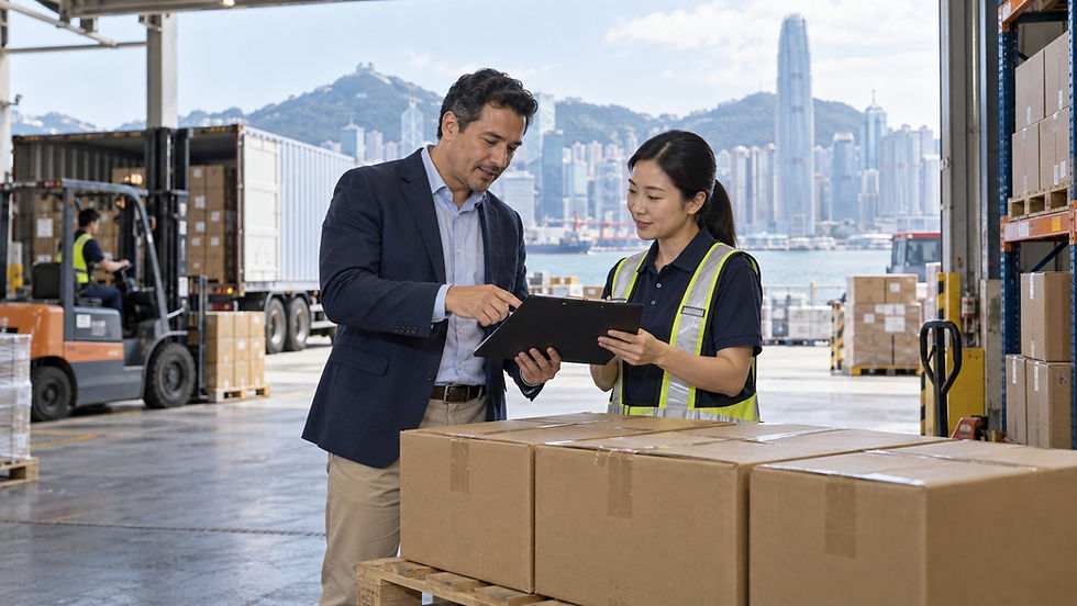 An entrepreneur and a warehouse supervisor checking a small shipment of unbranded boxes in a working logistics facility in Hong Kong