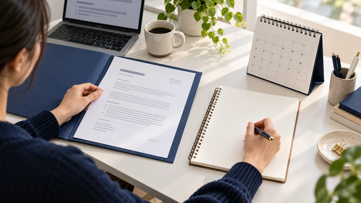 A person compares papers in a blue folder with a separate planning notebook and a blank-grid desk calendar; AI illustration.