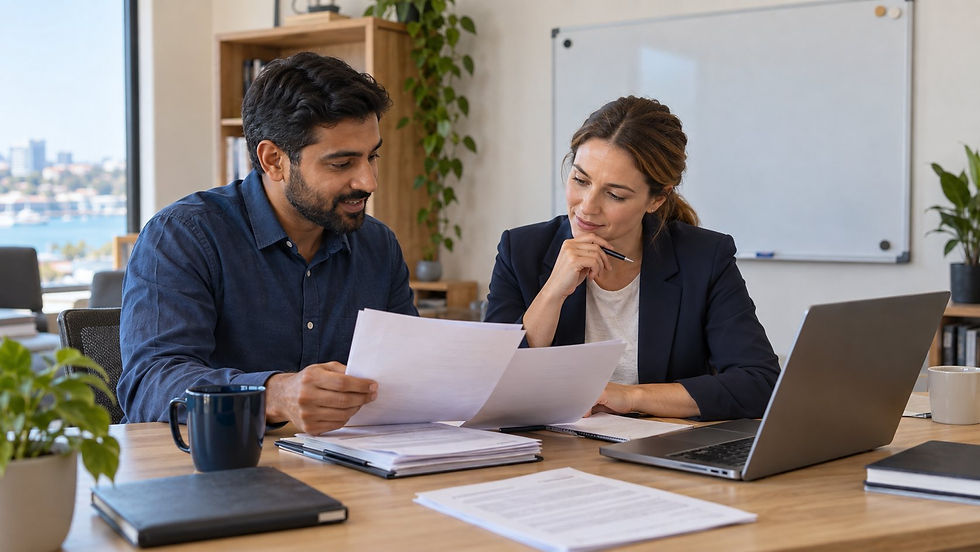 An experienced international professional comparing original career records with an adviser in a modest office with a plain unmarked planning board in Australia