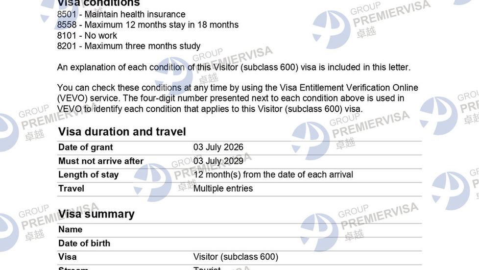 卓越移民PremierVisa Group|600訪客簽證核准|2026年7月3日|PV-AU-0296