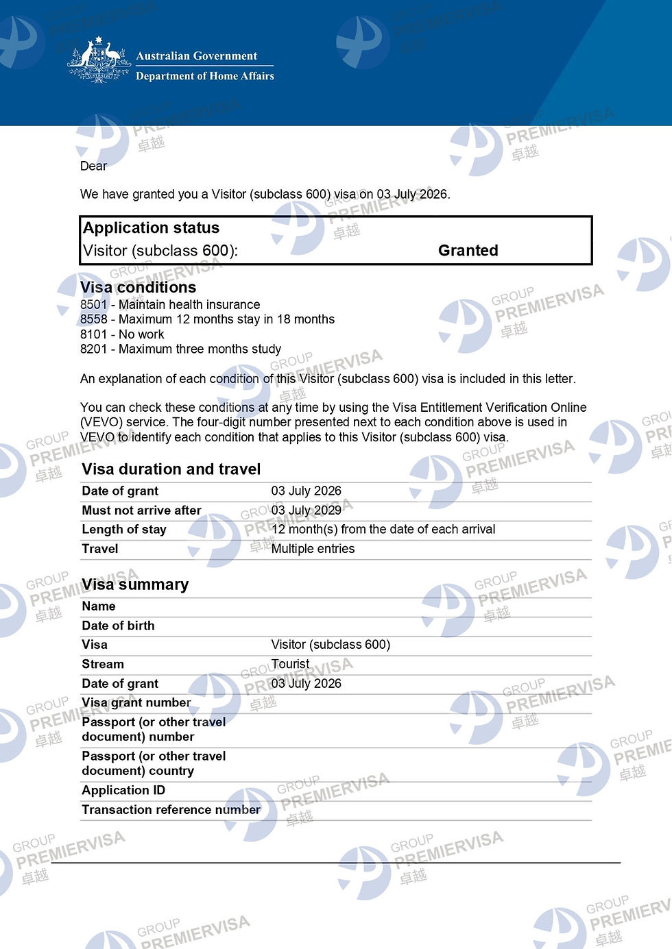 卓越移民PremierVisa Group|600访客签证获批|2026年7月3日|PV-AU-0296