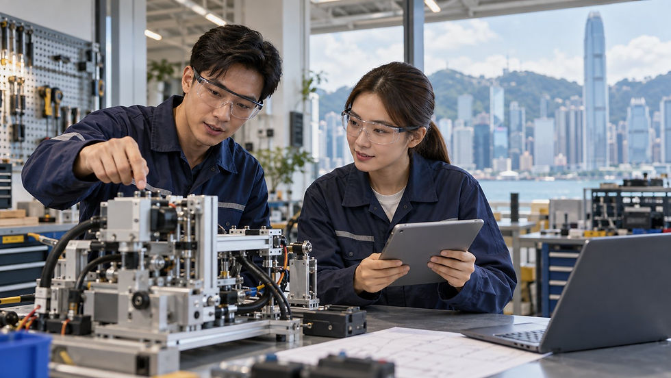Two trained technicians in appropriate protective workwear reviewing equipment in a well maintained engineering workshop in Hong Kong