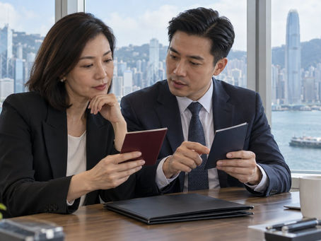 An East Asian investor and Hong Kong adviser reviewing plain travel documents and an asset folder in a harbour-side office