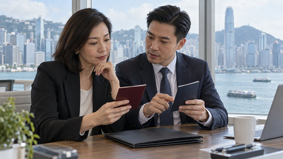 An East Asian investor and Hong Kong adviser reviewing plain travel documents and an asset folder in a harbour-side office