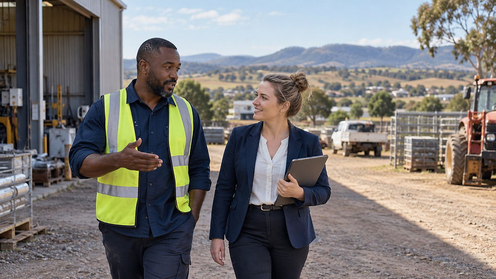 A regional employer and an overseas specialist walking through a practical Australian workplace near a small rural town in Australia