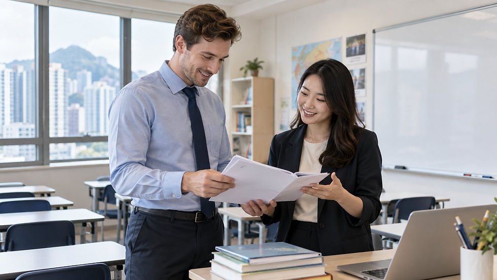 An international teacher or trainer reviewing teaching materials with an employer in a bright empty classroom in Hong Kong