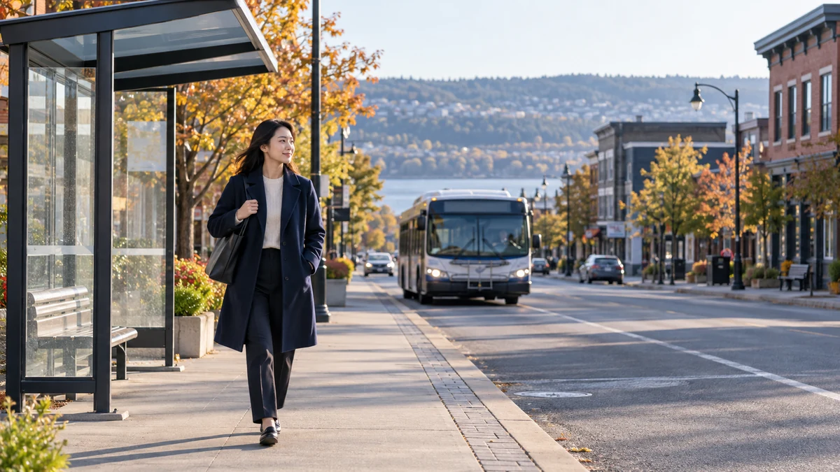 A person in a navy coat walks beside a bus shelter on an invented Canadian low-rise street; AI illustration.