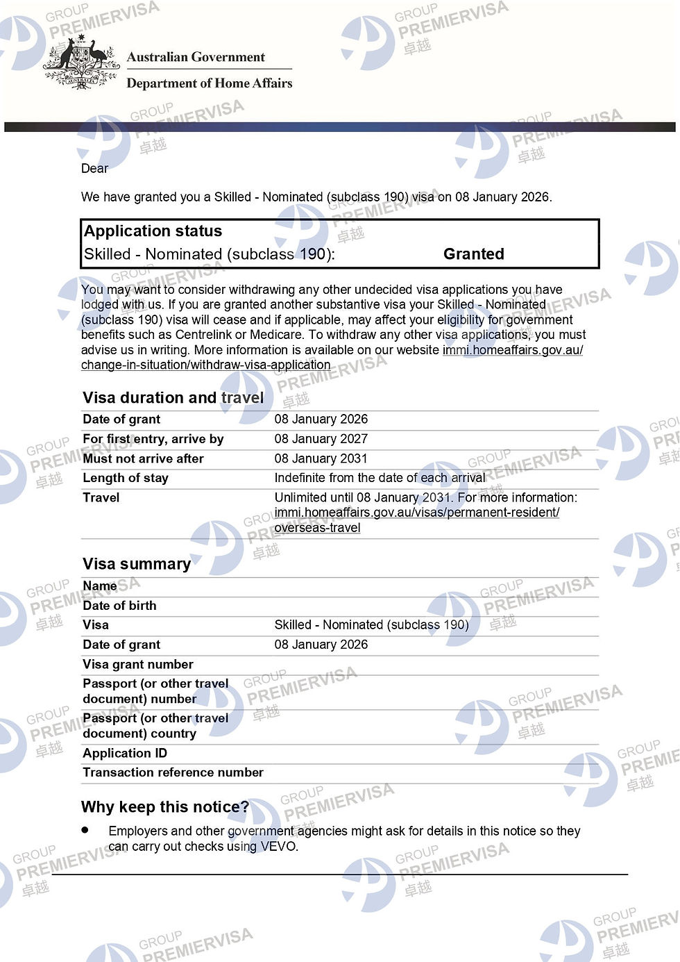 PremierVisa Group | Subclass 190 Skilled Nominated Visa Granted | 8 January 2026 | PV-AU-0144